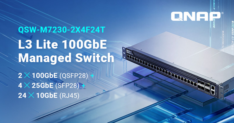 Рекламный баннер управляемого коммутатора QNAP QSW-M7230-2X4F24T на синем футуристичном фоне с микросхемами, демонстрирующий корпус устройства в стойку 1U и текстовые характеристики портов 100GbE, 25GbE и 10GbE.