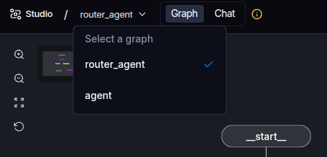 Выпадающее меню «Select a graph» в интерфейсе разработки с выбранным пунктом router_agent.