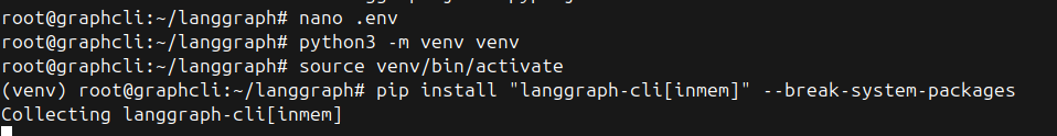 Терминал с командами создания виртуального окружения Python и установки пакета langgraph-cli через pip.