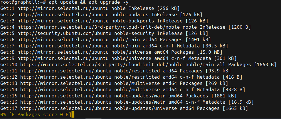 Процесс выполнения команды apt update в терминале Ubuntu Linux с использованием зеркала репозиториев Selectel.