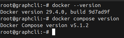 Терминал с выводом версий установленного ПО: Docker version 29.4.0 и Docker Compose version v5.1.2.