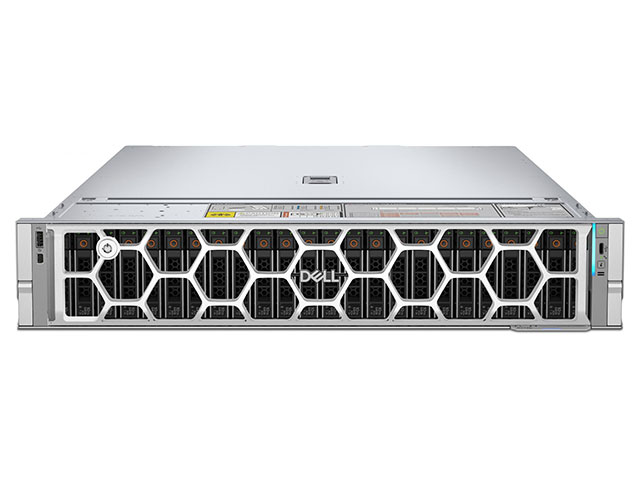 Сервер Dell PowerEdge R7725xd (вид спереди) в форм-факторе 2U. На лицевой панели видна фирменная защитная панель-безель с ячеистой структурой и логотипом Dell, за которой установлены 24 дисковых накопителя. Слева расположены кнопка питания и индикаторы, справа — порты управления.