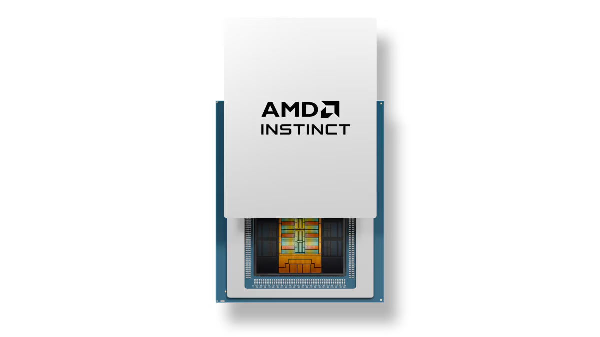 Демонстрирация архитектуры кристалла графического процессора AMD Instinct MI430X со снятой защитной крышкой, ориентированного на высокопроизводительные вычисления (HPC) с рекордной производительностью свыше 200 Тфлопс в FP64.