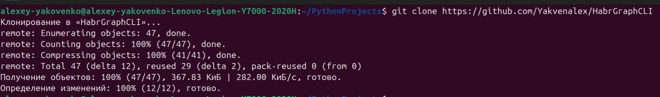 Скриншот терминала Linux с процессом клонирования репозитория Git.