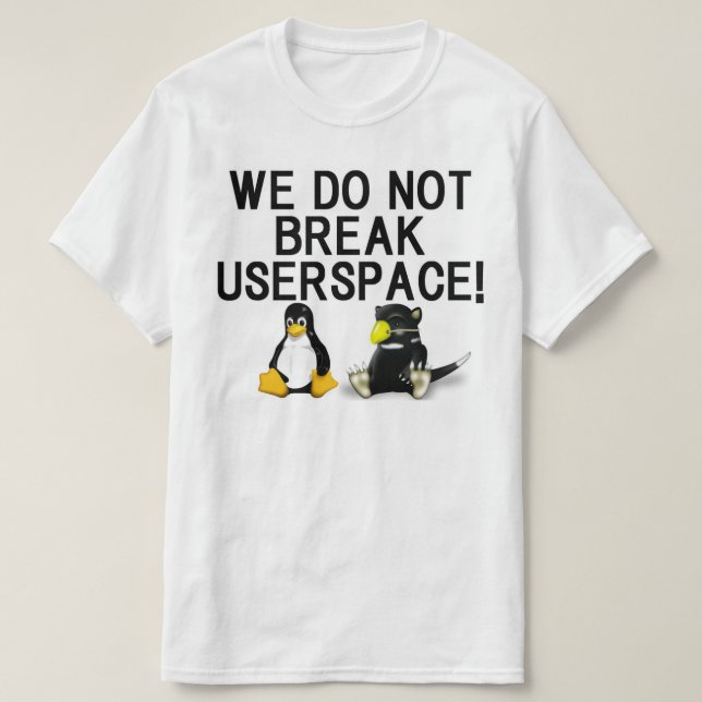 Фотография футболки с надписью большими буквами «WE DO NOT BREAK USER SPACE!”