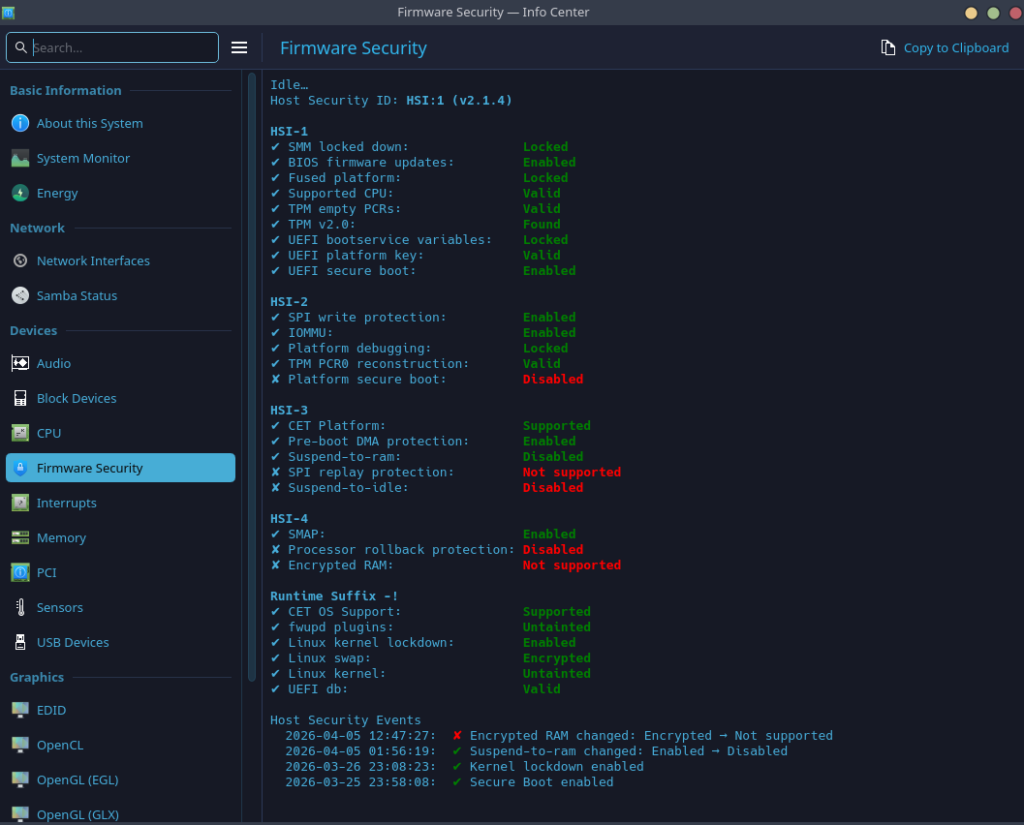 Скриншот интерфейса утилиты Firmware Security с уведомлением Encrypted RAM: Not supported в блоке HSI-4.