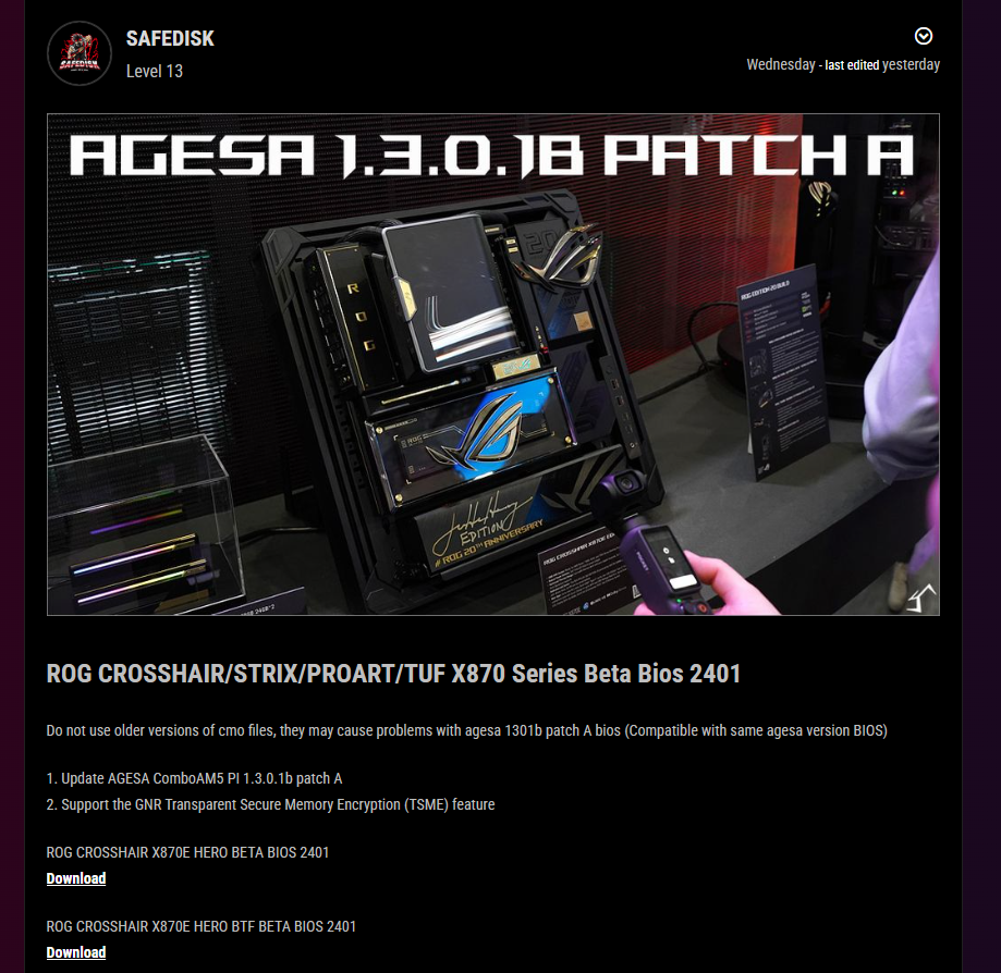Скриншот сообщения оверклокера SAFEDISK на форуме ASUS ROG с анонсом бета-версий BIOS 2401 на базе AGESA 1.3.0.1b Patch A.