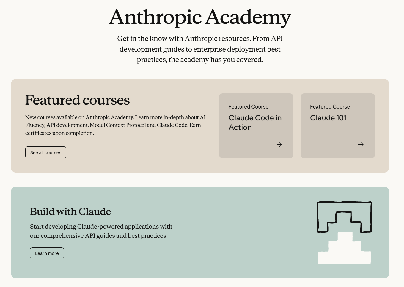 Скриншот главной страницы образовательной платформы Anthropic Academy с курсами.