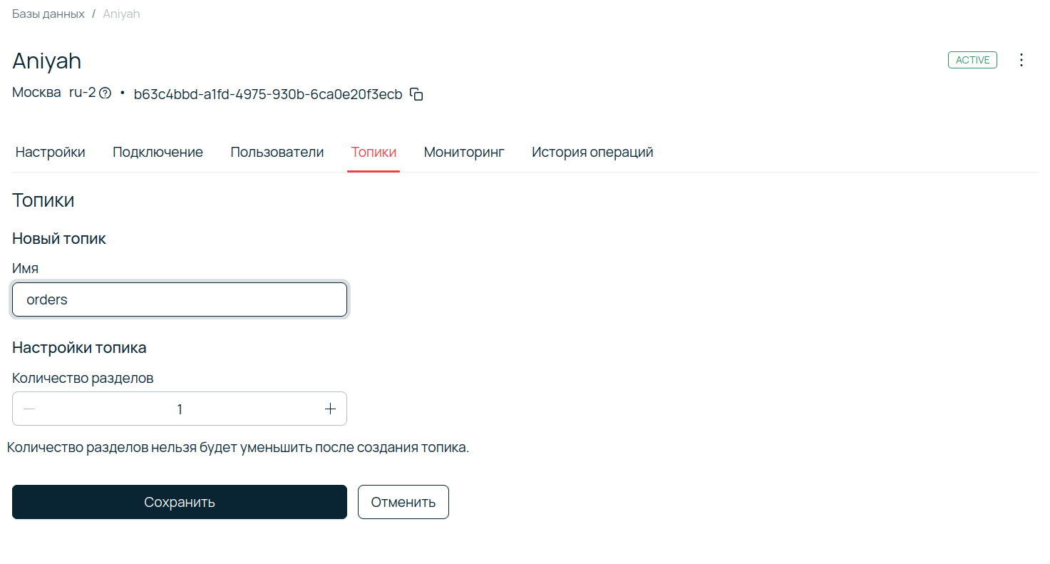 Форма создания нового топика orders с настройкой количества разделов