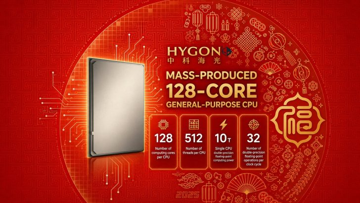 Промо-изображение 128-ядерного процессора Hygon C86-5G на красном фоне с характеристиками.