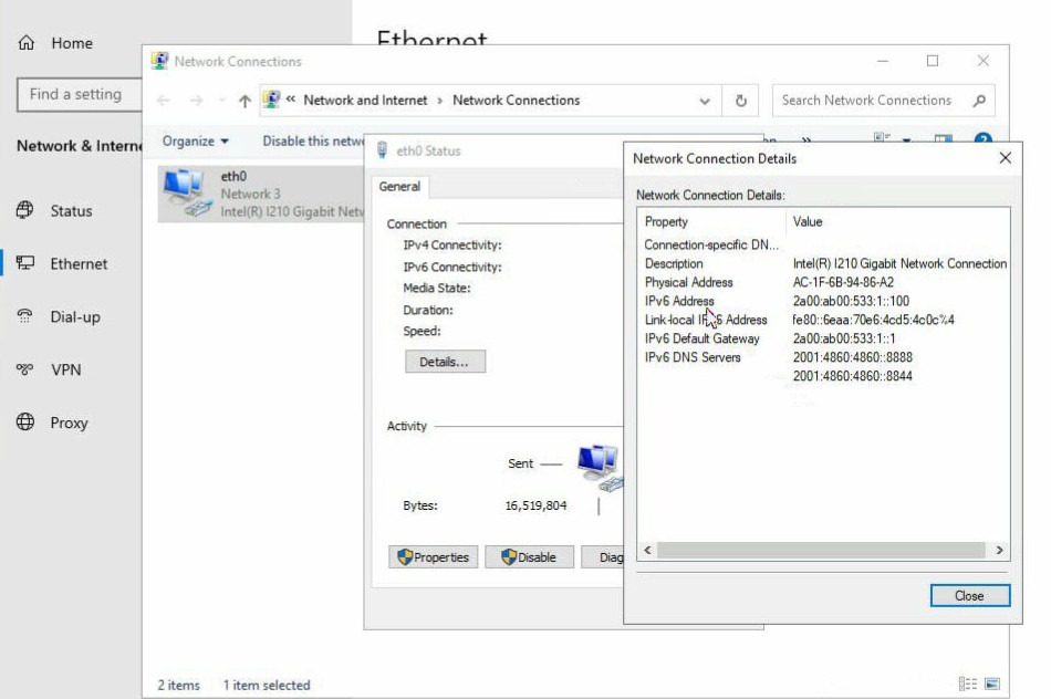 Окно свойств сетевого подключения в графическом интерфейсе Windows, демонстрирующее статус и параметры настроенной IPv6-адресации.