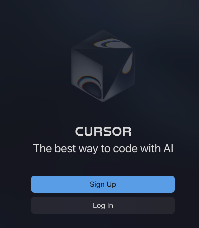 Логотип и экран приветствия Cursor с надписью «The best way to code with AI».