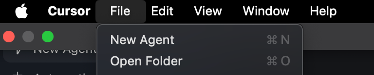 Открытое выпадающее меню «File» в приложении Cursor на операционной системе macOS.