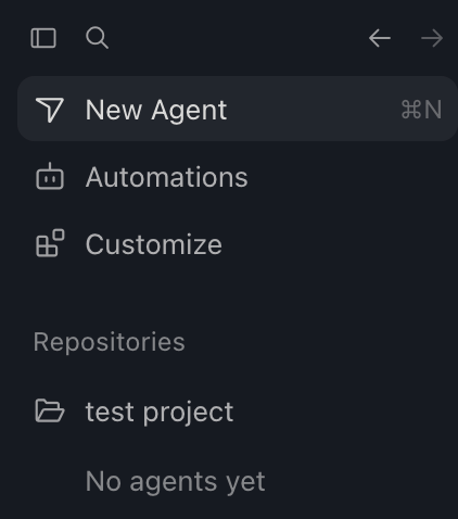 Боковая панель навигации в Cursor с активным разделом New Agent.