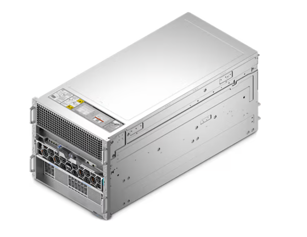 Стоечный сервер Dell PowerEdge XE9785 серебристого цвета в металлическом корпусе, ракурс сверху под углом, видны вентиляционные решетки и элементы интерфейса на передней панели.