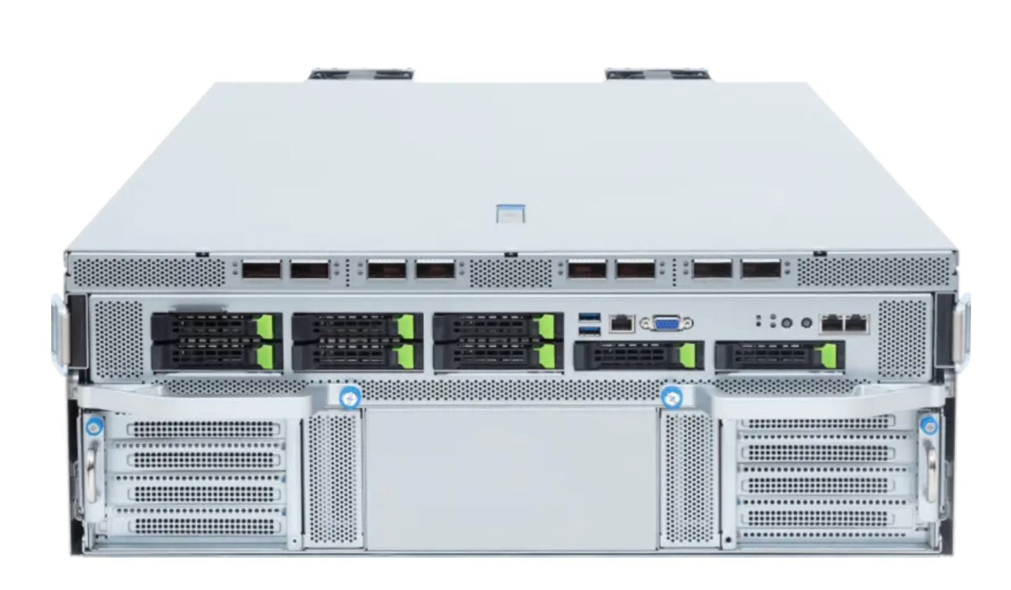Передняя панель мощного стоечного сервера Giga Computing TO46-SD3-LA07. На металлическом корпусе видны отсеки для накопителей с зелеными защелками, разъемы USB и VGA, индикаторы состояния и вентиляционные решетки.