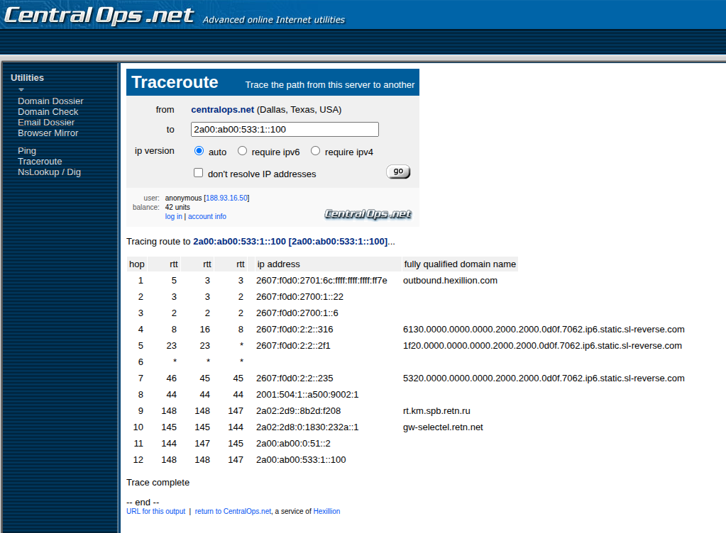 Скриншот сервиса CentralOps, отображающий процесс построения трассы (Traceroute) и проверки активности заданного IPv6-узла.