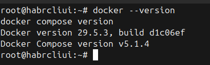 Проверка версий Docker и Docker Compose в терминале после установки.