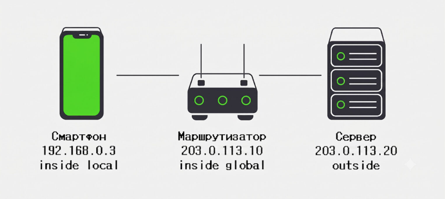 Базовая схема работы технологии трансляции сетевых адресов (NAT) при соединении смартфона, локального маршрутизатора и внешнего сервера.