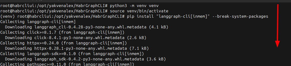 Создание виртуального окружения Python и установка интерфейса командной строки LangGraph CLI.