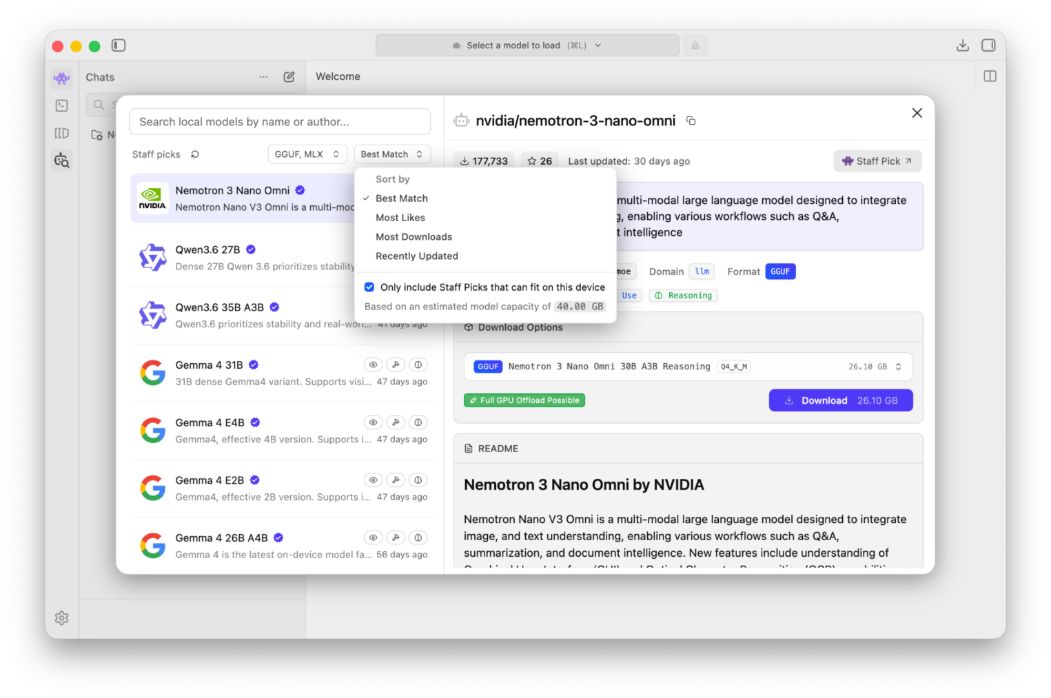 Скриншот окна десктопного приложения (LM Studio) на macOS. В левой панели отображается список ИИ-моделей, среди которых Nemotron 3 Nano Omni, Qwen3.6 и Gemma 4. В центре открыто выпадающее меню сортировки «Sort by» с выбранным пунктом «Best Match» и активным чекбоксом «Only include Staff Picks that can fit on this device» с ограничением емкости в 40.00 GB. В правой части окна открыта карточка модели nvidia/nemotron-3-nano-omni с кнопкой для скачивания файла размером 26.10 GB в формате GGUF.