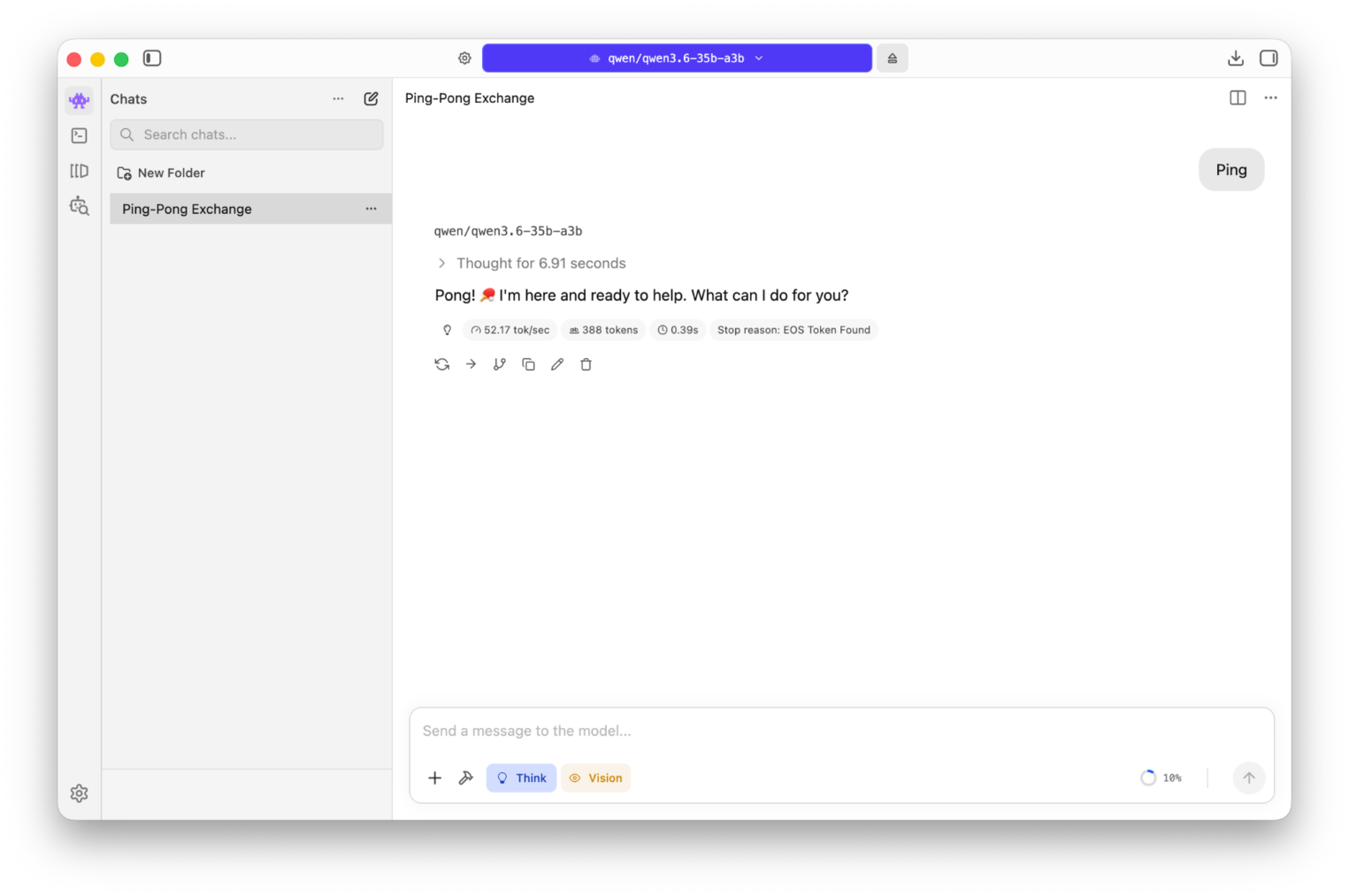 Скриншот окна приложения LM Studio на macOS, демонстрирующий открытый чат под названием «Ping-Pong Exchange». Справа вверху виден пузырек сообщения пользователя с текстом «Ping». Ниже отображается ответ локальной языковой модели qwen/qwen3.6-35b-a3b: скрытый блок «Thought for 6.91 seconds» и текст «Pong! I'm here and ready to help. What can I do for you?». Под ответом выведена техническая статистика генерации (52.17 tok/sec, 388 tokens) и панель инструментов. В нижней части окна находится поле ввода сообщения с активными кнопками «Think» и «Vision».