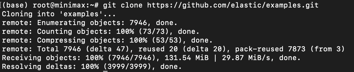 Скриншот терминала: процесс и результат клонирования Git-репозитория elastic/examples в директорию examples.