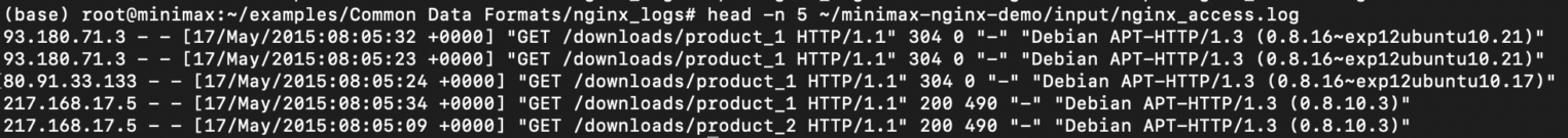 Скриншот терминала: просмотр первых 5 строк файла nginx_access.log с помощью команды head.