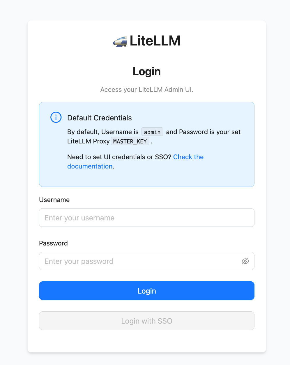 Скриншот окна входа в LietLLM. Здесь нам сообщают о логине и пароле по умолчанию. Есть поля для ввода логина и пароля, кнопка Login, а также неактивная кнопка Login with SSO.