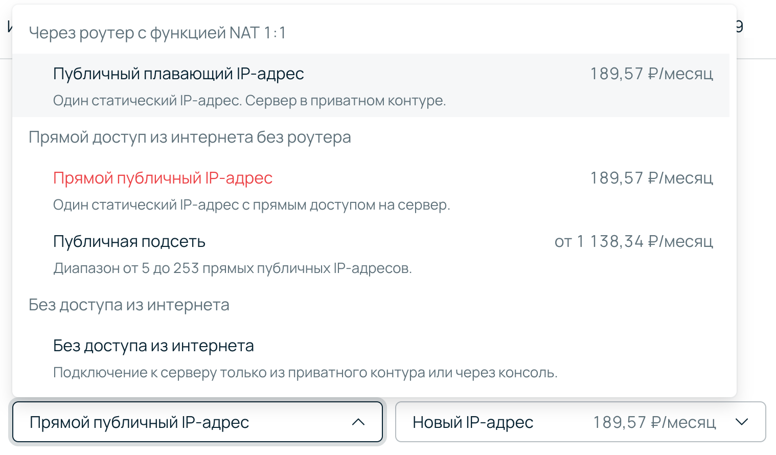 Прямой публичный IP-адрес в панели управления Selectel. 