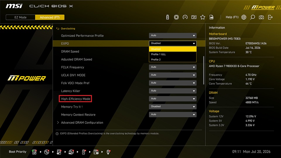 Интерфейс MSI Click BIOS X с выделенной функцией High-Efficiency Mode во вкладке разгона Overclocking.