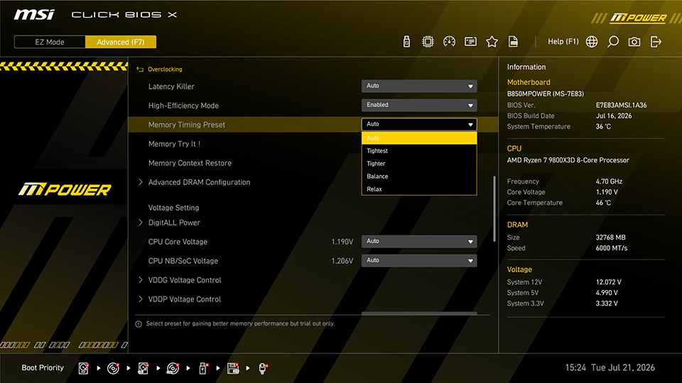 Скриншот настройки пресетов High-Efficiency Mode во вкладке разгона памяти оболочки MSI Click BIOS X.