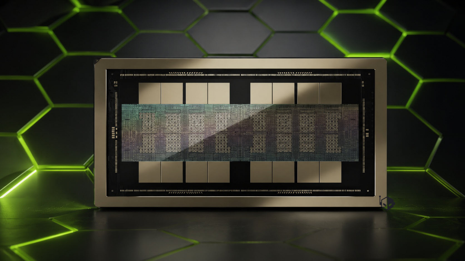 Новый ИИ-чип NVIDIA® Rubin™ на фоне зеленых неоновых сот.