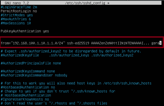 Содержимое файла sshd_config на экране терминала.
