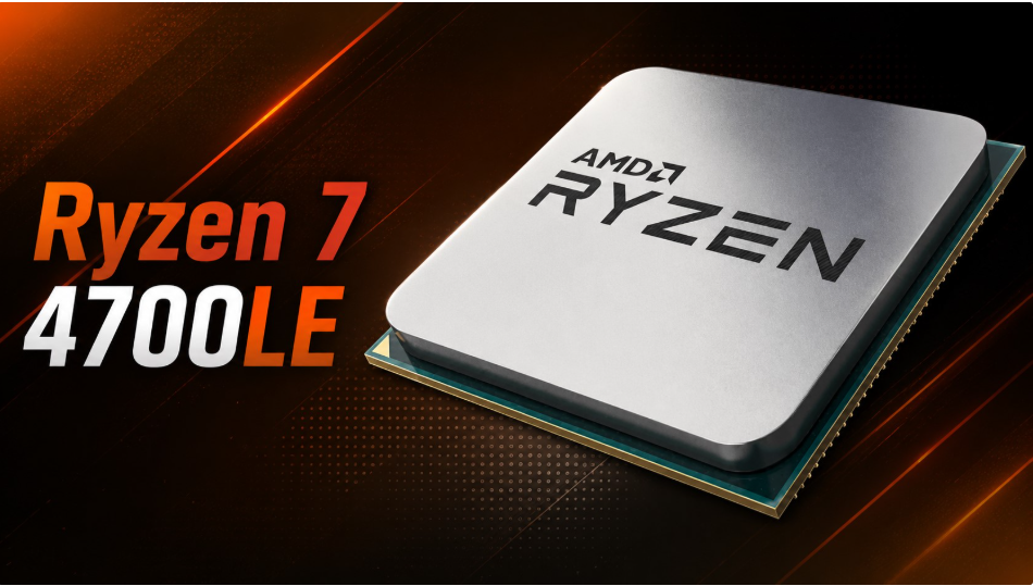 Процессор AMD Ryzen 7 4700LE на темном фоне с оранжевой подсветкой.