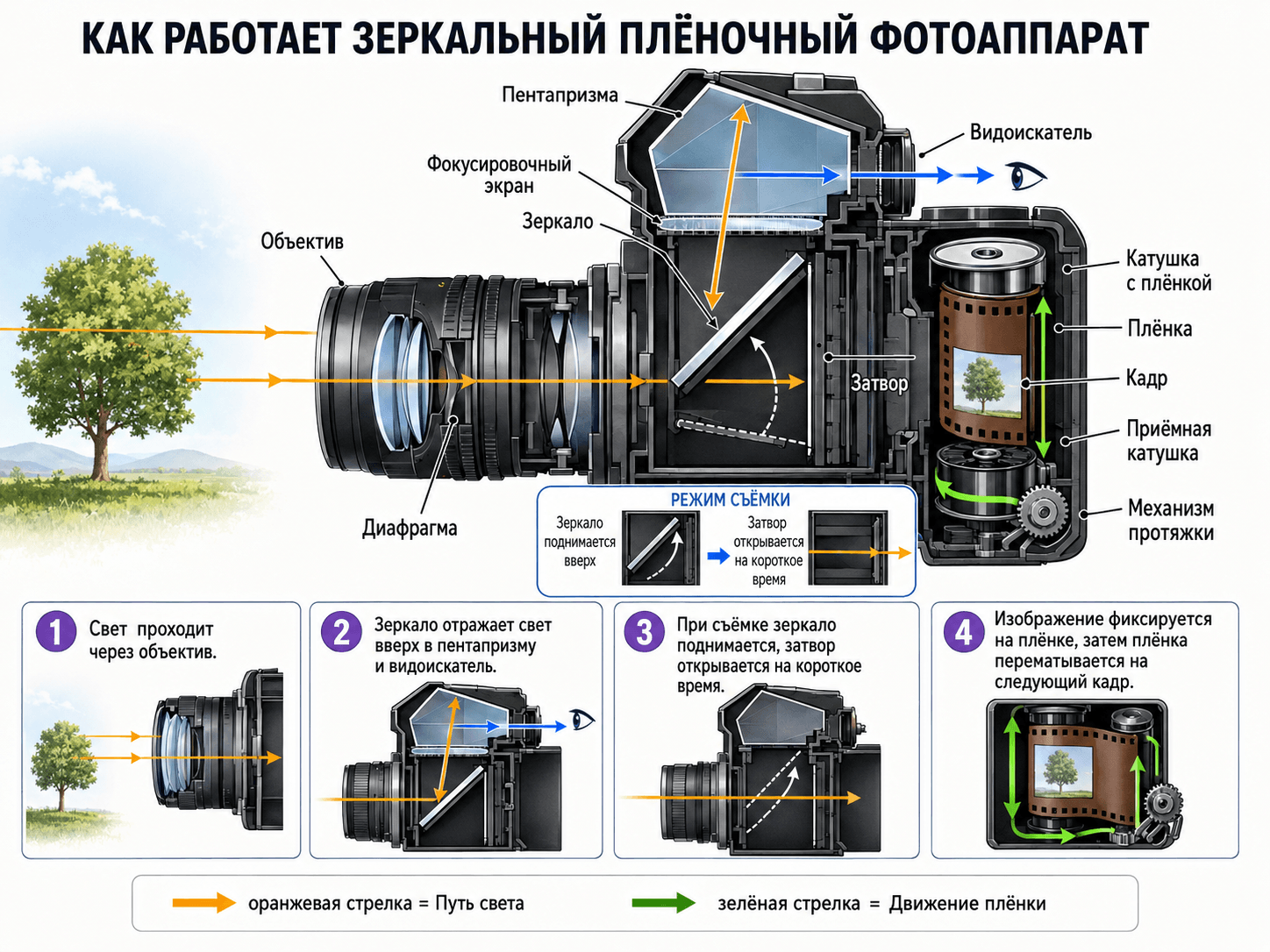 Инфографика устройства и принципа работы зеркального пленочного фотоаппарата.