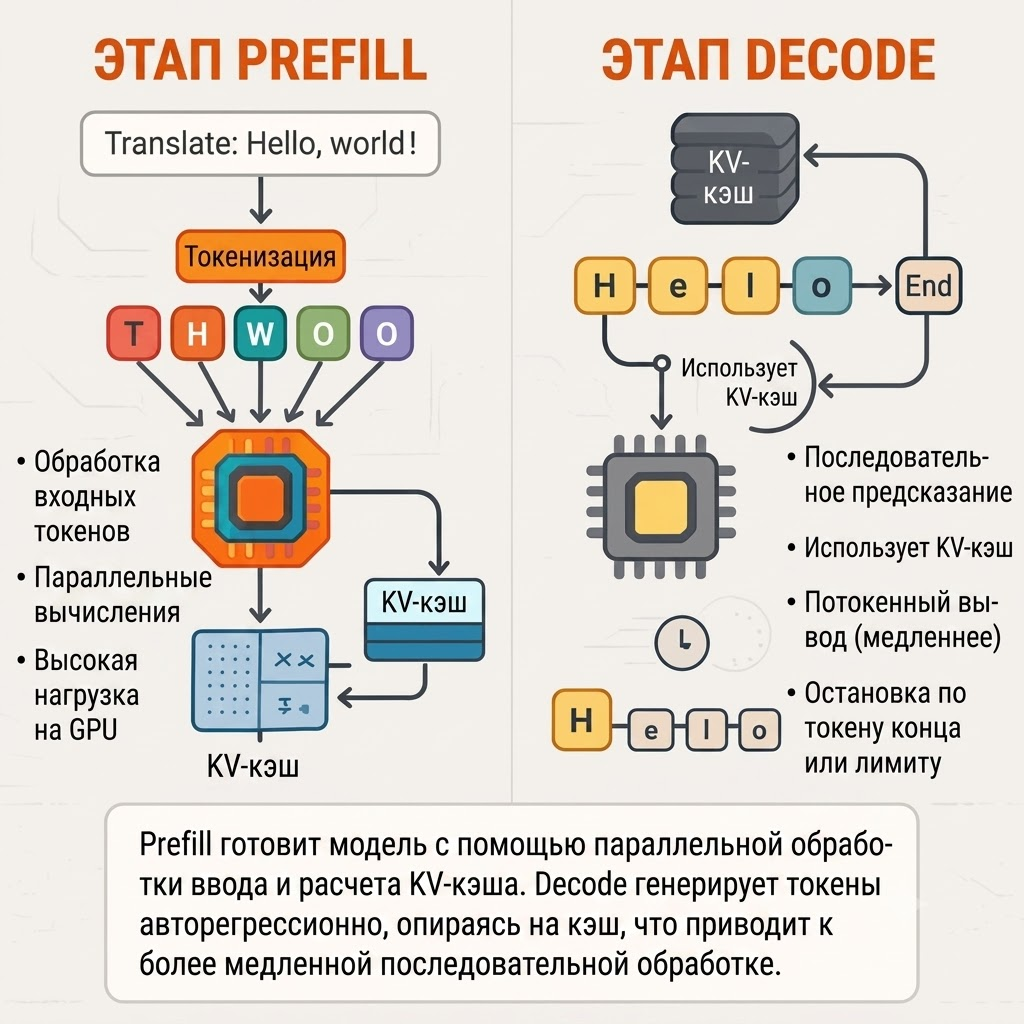На изображении схематично показана разница в этапах Prefill и Decode.