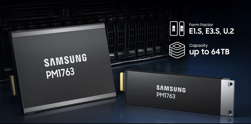 Промо-фото двух SSD Samsung PM1763 на фоне сервера с текстом о форм-факторах E1.S, E3.S, U.2 и емкости до 64TB.