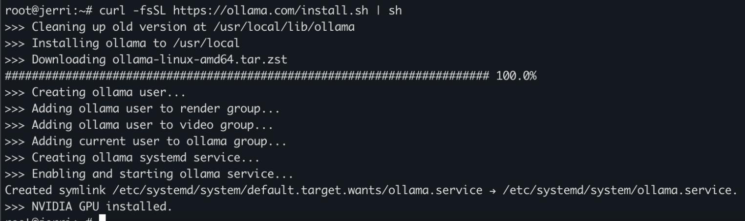 Процесс успешной установки программы Ollama через командную строку Linux.