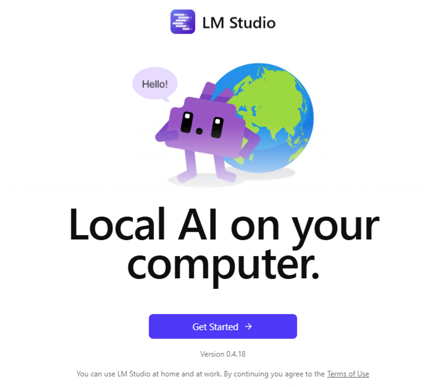 Приветственный экран программы LM Studio с кнопкой начала работы.