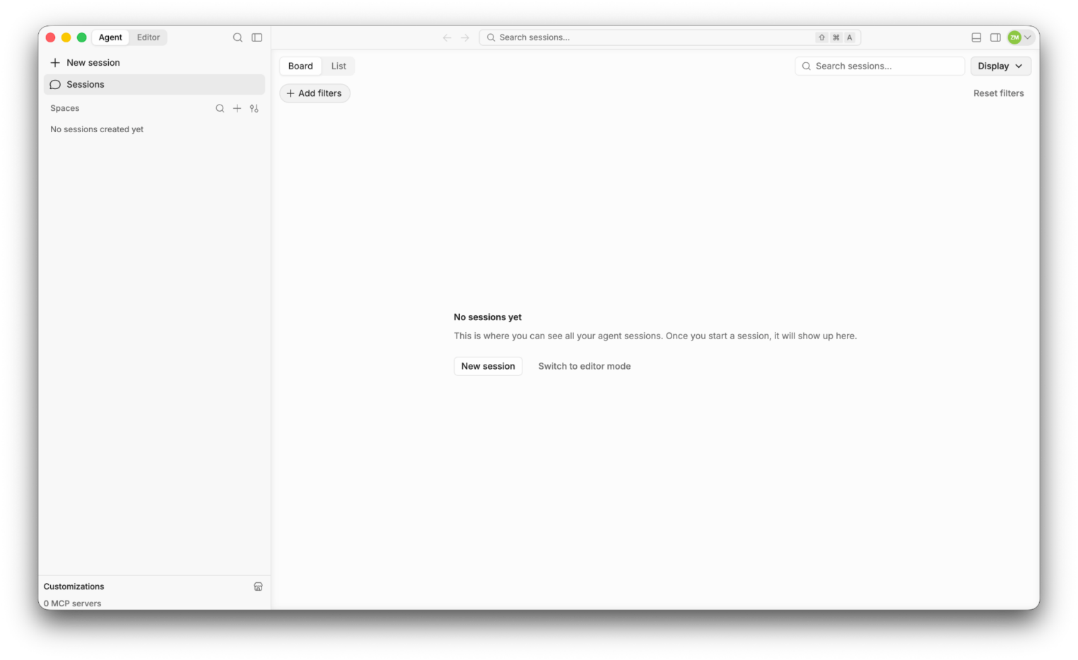Интерфейс Devin Desktop в режиме Agent с доской сессий.