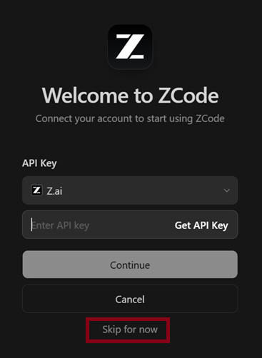 Окно для ввода API-ключа. Есть поле для ввода и три кнопки: Continue, Cancel и Skip for now.