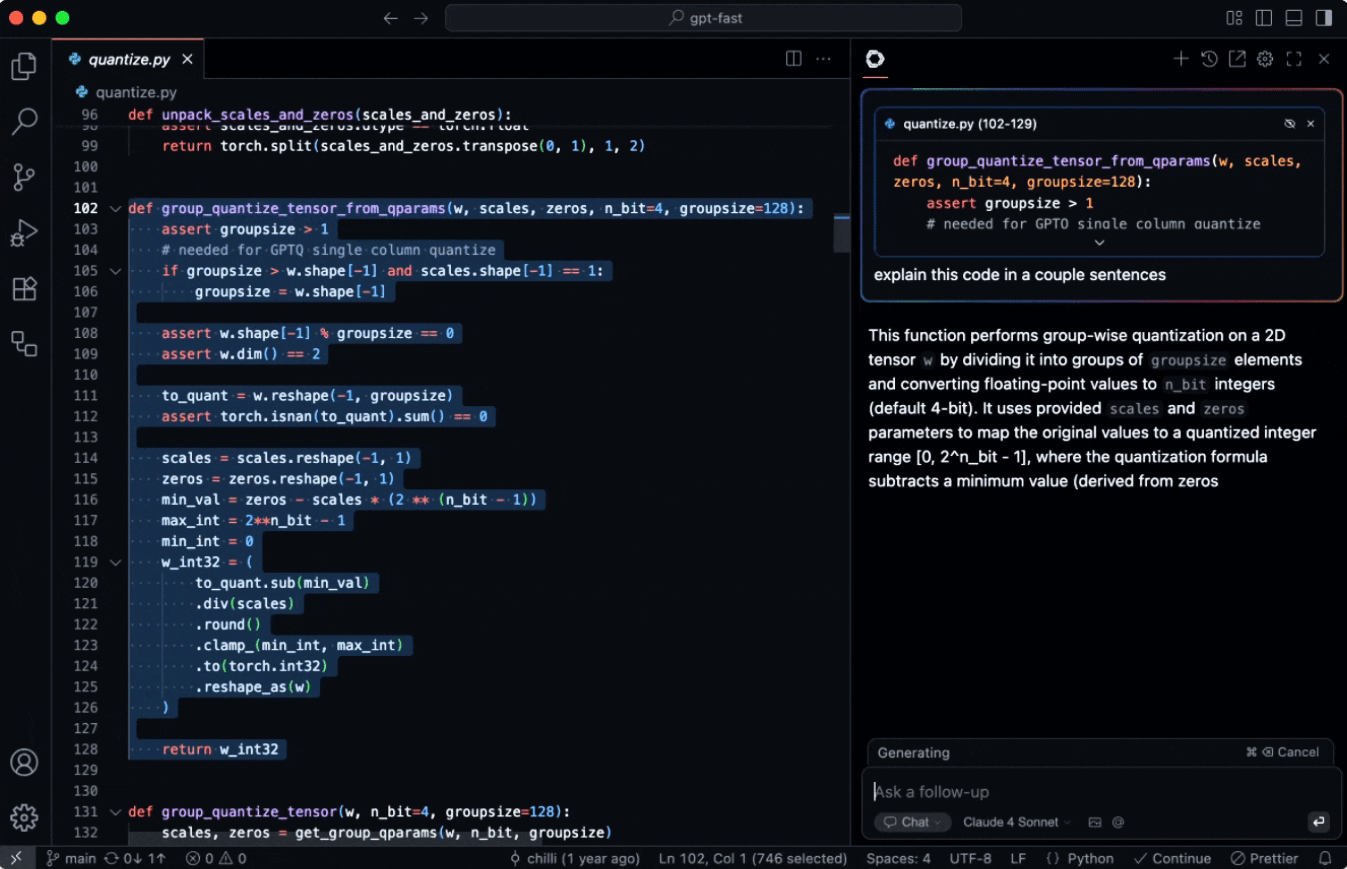 Интерактивный чат ИИ-расширения Continue в боковой панели VS Code.