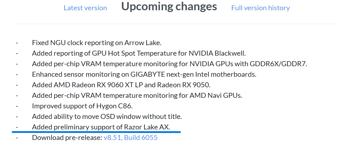 Список будущих изменений (Upcoming changes) HWiNFO, подчеркнут пункт Added preliminary support of Razor Lake AX.
