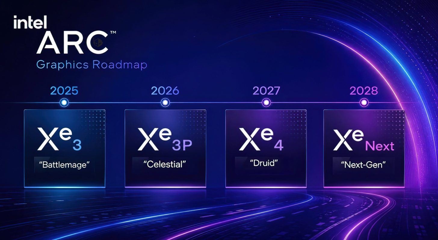 График Intel Arc Graphics Roadmap с 2025 по 2028 год с указанием архитектур Xe3 Battlemage, Xe3P Celestial, Xe4 Druid и Xe Next-Gen.