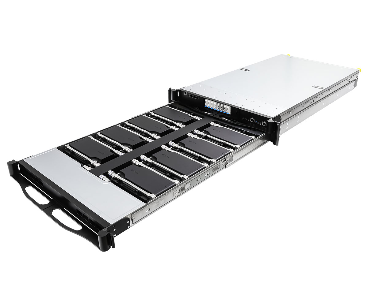 Выдвижной стоечный сервер ASRock Rack 2U16X-GNR2/DLC RUBIN высокой плотности с системой жидкостного охлаждения и быстросъемными фитингами на белом фоне.