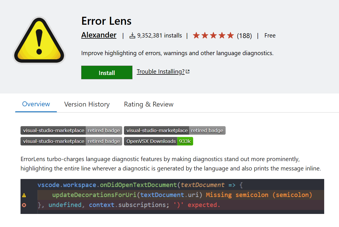Страница расширения Error Lens в Visual Studio Code Marketplace