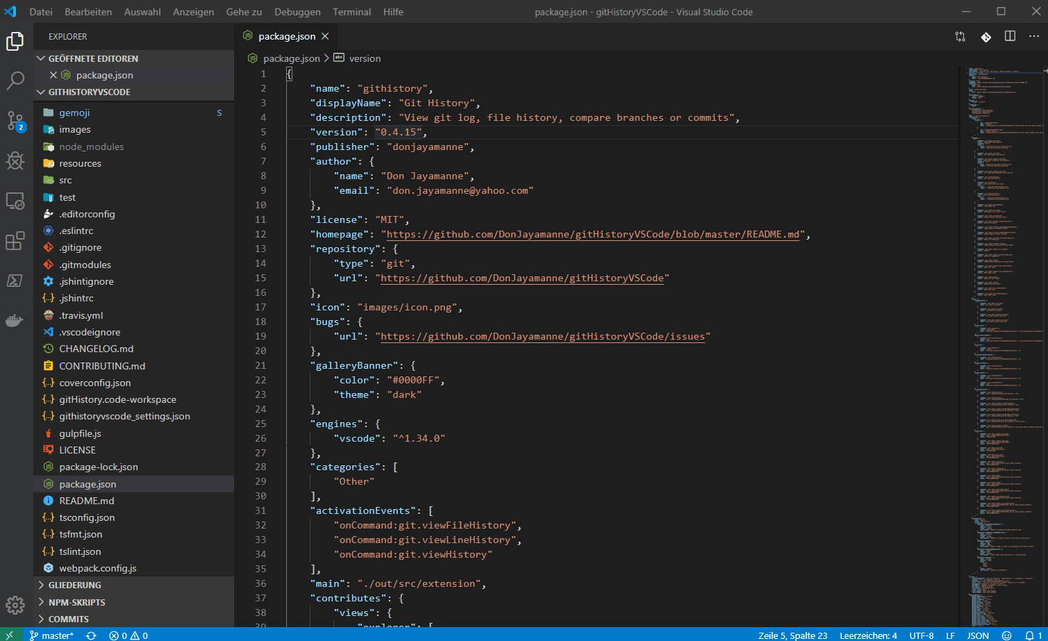 Просмотр конфигурационного файла расширения Git History в VS Code.