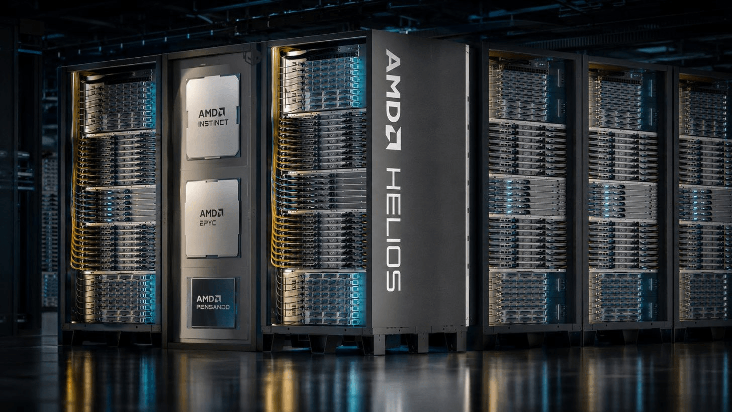 Серверные стойки AMD Helios с процессорами EPYC, Instinct и Pensando в дата-центре.