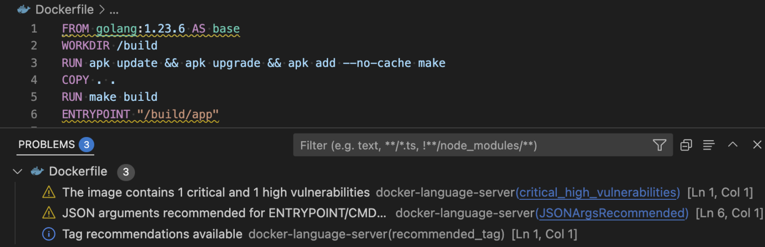 Валидация Dockerfile и предупреждения о безопасности.